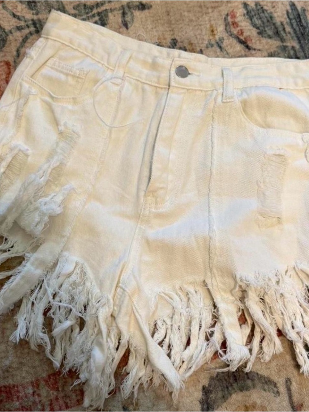 POL White Distressed Fringe Denim Shorts